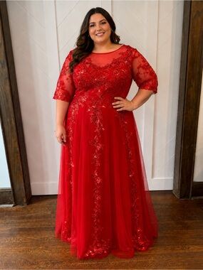 red sequin lace evening gown maxi dress plus size 18 formal prom wedding guest